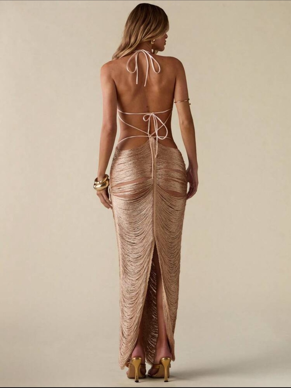 Backless Metallic Fringe Maxi Dress - Rose Gold